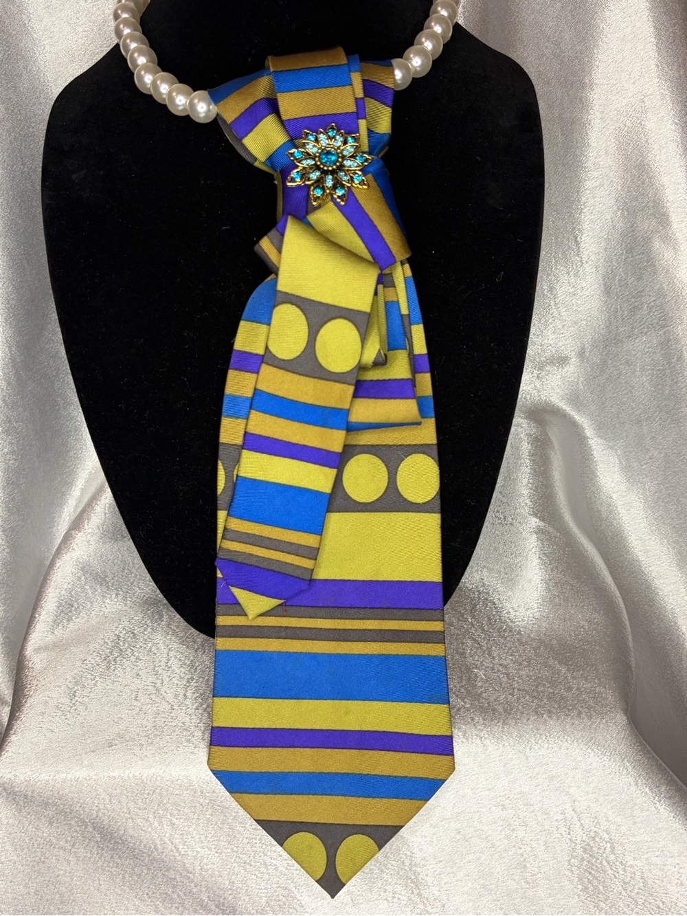 Striped Geometric Silk-Look Tie Scarf in Yellow, Blue & Purple
